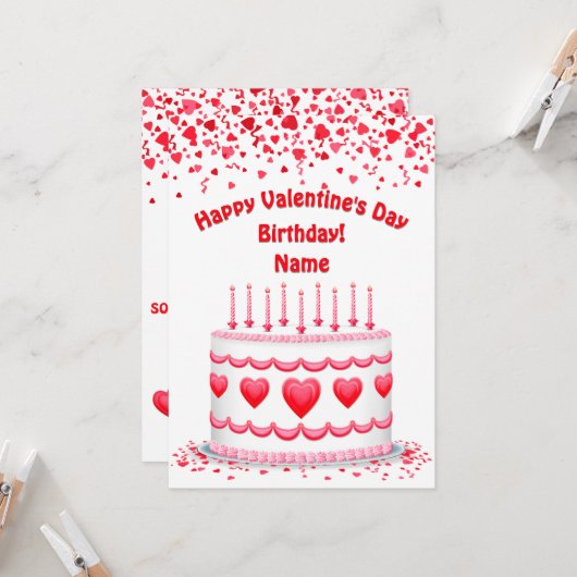 Carte Valentine's Day Birthday Cake Custom Candles Flat (Devant/Arrière en situation)