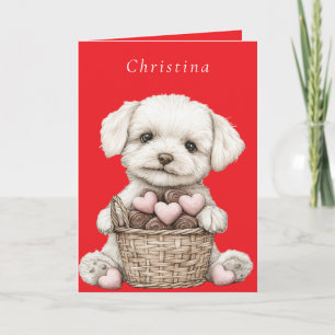Carte Valentines Day Chiot rose Coeurs Chocolat Panier