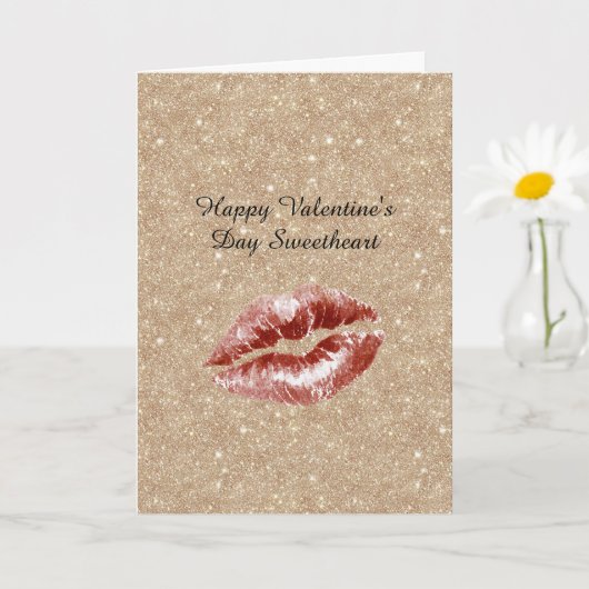 Carte Valentine's Day Gold Glitter Red Lips Kiss (Petite plante)