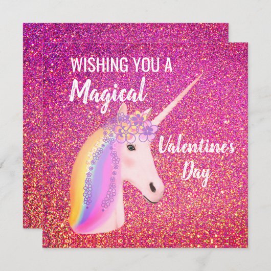 Carte Valentines Day Unicorn Magic rose Parties scintill (Devant / Derrière)