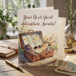 Carte Valise de voyage vintage aquarelle départ à la ret