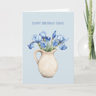 Carte Vase Crème Fleurs Iris Violets Anniversaire