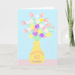 Carte vase de fleurs rose et violet pour 60 ans