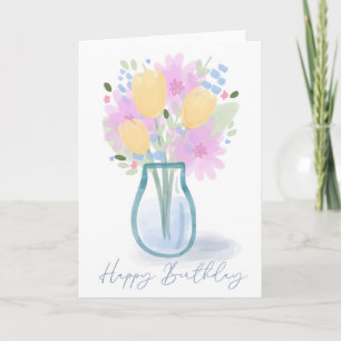 Carte Vase Floral Aquarelle Joyeux Anniversaire pour Mam