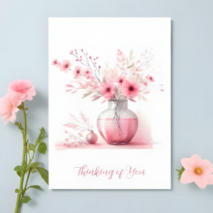 Carte Vase rose et fleurs de sympathie "Pensées pour vou
