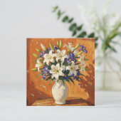 Carte Vase rustique avec lys et fleurs d'iris (Debout devant)