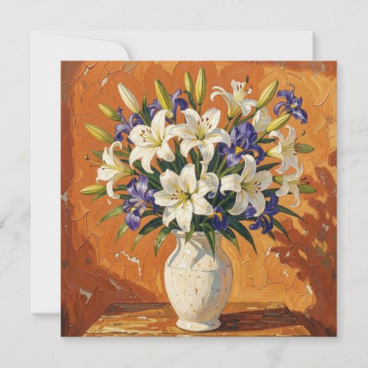 Carte Vase rustique avec lys et fleurs d'iris (Devant)
