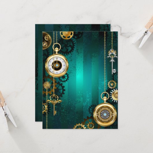 Carte Veille bijoux Steampunk sur un Arrière - plan vert (Devant/Arrière en situation)