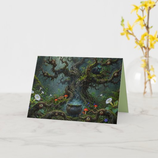 Carte Veilleurs dans Chaudron de chat en bois de sorcièr (Fleur jaune)