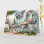 Carte Vélo de chalet bleu avec panier à fleurs de printe (Fleur jaune)