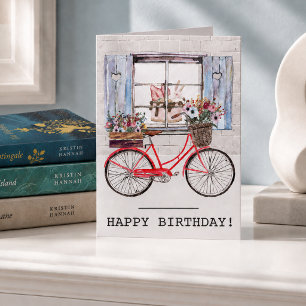 Carte Vélo rouge avec panier de fleurs Anniversaire d'ét
