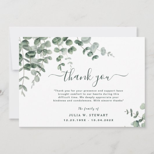 Carte Verdure Eucalyptus Funérailles Modernes Merci Note (Devant)