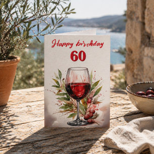 Carte Verre à vin rouge aquarelle rustique 60e anniversa
