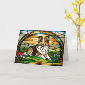 Carte Verre coloré Sheltie mignon (Fleur jaune)