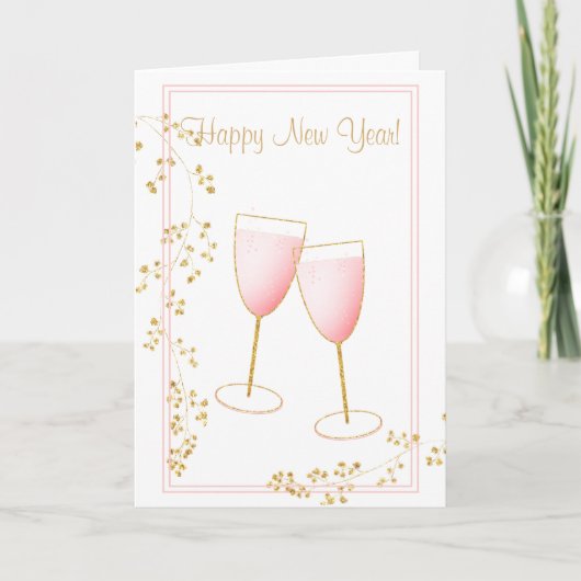 Carte Verre de Champagne Rose Blush et Or Nouvel An (Devant)