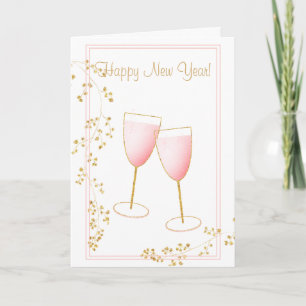 Carte Verre de Champagne Rose Blush et Or Nouvel An