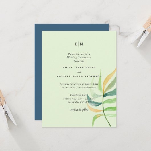 Carte Verre de mer Vert Bleu Tropical Feuille Mariage (Devant/Arrière en situation)