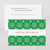 CARTE VERT BLANC FLAKES DE NEIGE NOËL SPÉCIAL (Devant / Derrière)