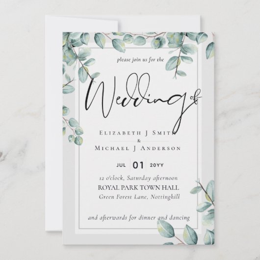 Carte Vert Eucalyptus Lilac Citron gris Mariage (Devant)