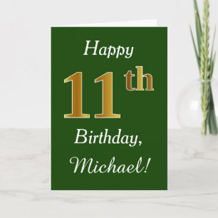 Carte Vert, Faux Gold 11e anniversaire + Nom personnalis