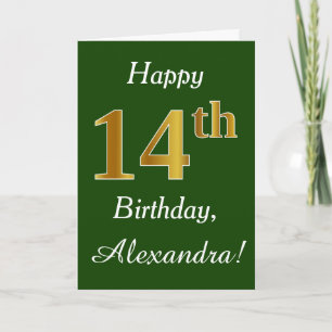 Carte Vert, Faux Gold 14e anniversaire + Nom personnalis