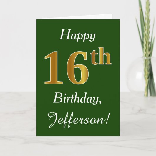 Carte Vert, Faux Gold 16e anniversaire + Nom personnalis (Devant)