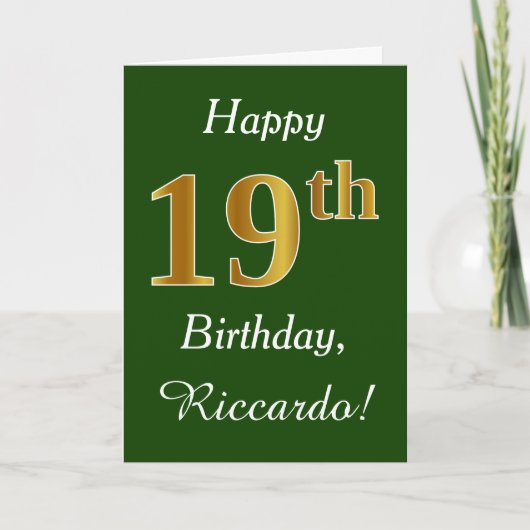 Carte Vert, Faux Gold 19e anniversaire + Nom personnalis (Devant)