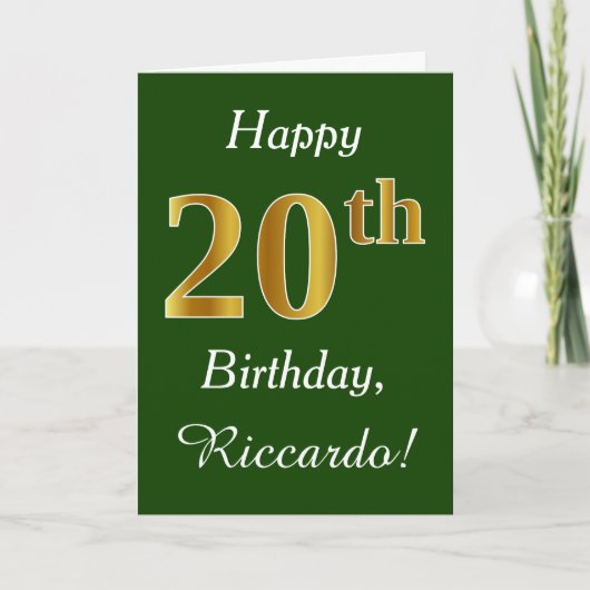 Carte Vert, Faux Gold 20e anniversaire + Nom personnalis (Devant)