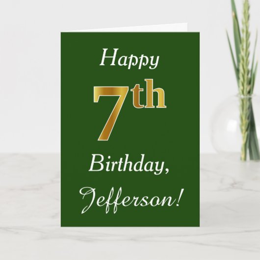 Carte Vert, Faux Gold 7e anniversaire + Nom personnalisé (Devant)