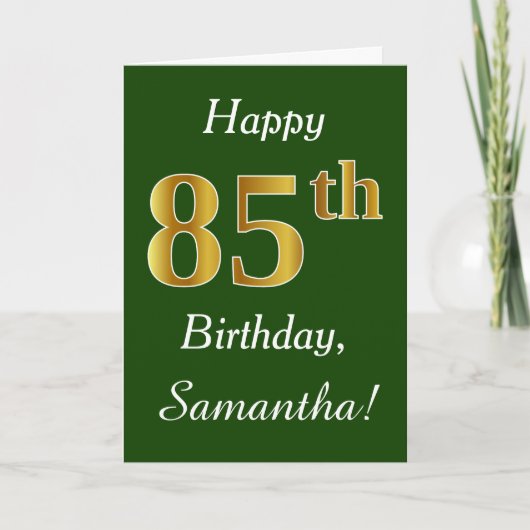 Carte Vert, Faux Gold 85e anniversaire + Nom personnalis (Devant)