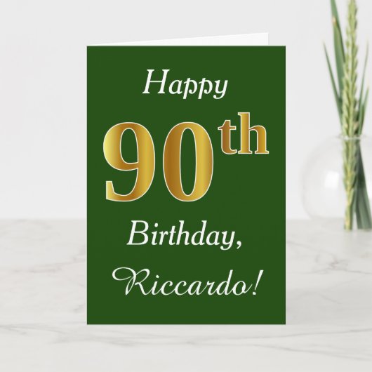 Carte Vert, Faux Gold 90e anniversaire + Nom personnalis (Devant)