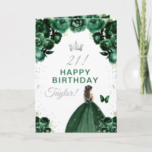 Carte Vert Floral Brunette Cheveux Girl Joyeux anniversa