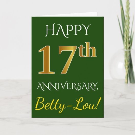 Carte Vert, Or Faux 17e Anniversaire de Mariage + Nom (Devant)