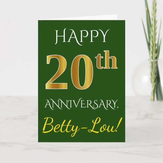 Carte Vert, Or Faux 20e Anniversaire de Mariage + Nom (Devant)