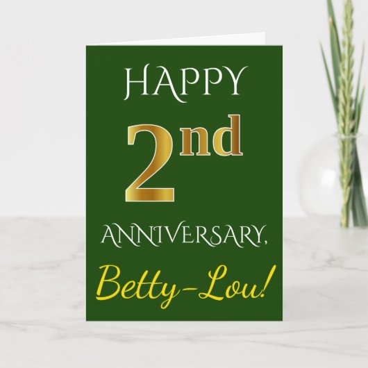 Carte Vert, Or Faux 2e Anniversaire de Mariage + Nom (Devant)