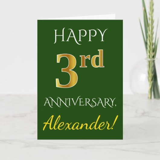 Carte Vert, Or Faux 3e Anniversaire de Mariage + Nom (Devant)