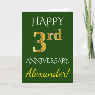 Carte Vert, Or Faux 3e Anniversaire de Mariage + Nom