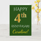Carte Vert, Or Faux 4e anniversaire de mariage + Nom (Fleur jaune)