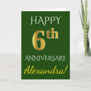 Carte Vert, Or Faux 6ème Anniversaire de Mariage + Nom