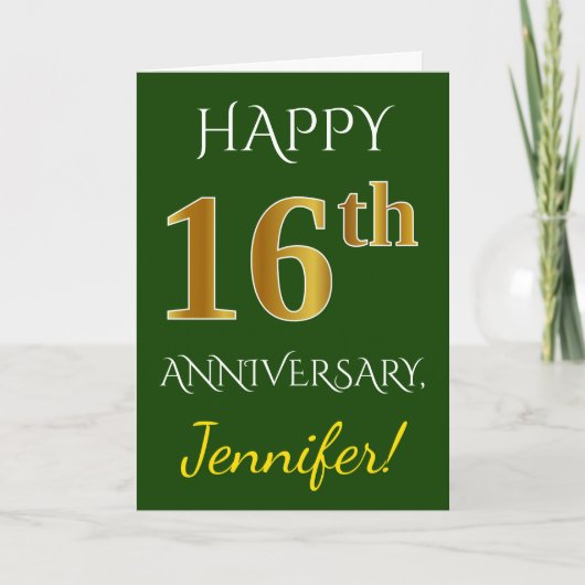 Carte Vert, Or Imitation 16e Anniversaire de Mariage + N (Devant)