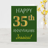 Carte Vert, Or Imité 35e Anniversaire de Mariage + Nom (Fleur jaune)