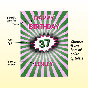 Carte Vert rose anniversaire nom personnalisé et âge rét