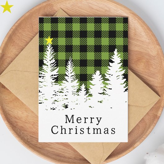 Carte Vert rustique Buffalo Plaid Forest Joyeux Noël