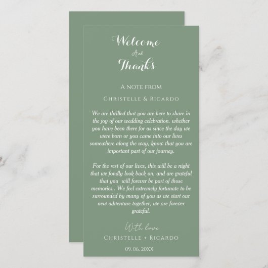 Carte Vert sage moderne Bienvenue & merci note Mariage (Devant / Derrière)