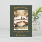 Carte Vert vintage, Aquarelle or Scène de Noël (Debout devant)