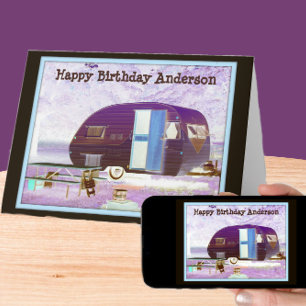 Carte Vibe Vintage violet Camper Trailer Joyeux annivers