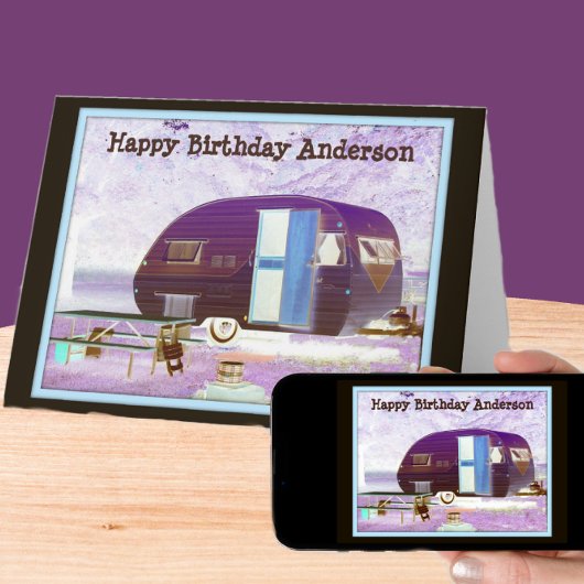 Carte Vibe Vintage violet Camper Trailer Joyeux annivers