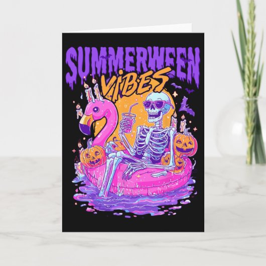 Carte Vibes de Summerween squelette effrayant flamant ro (Devant)