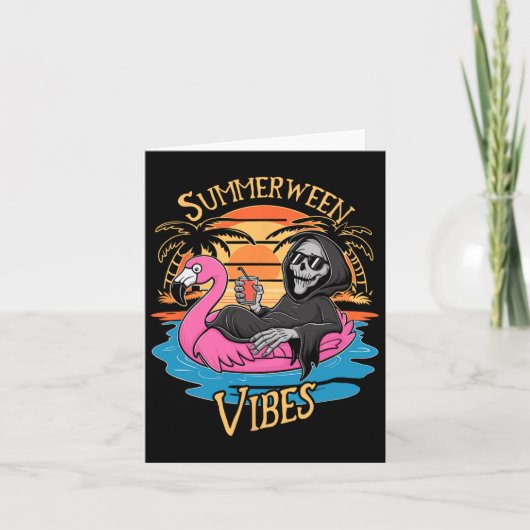 Carte Vibes de Summerween squelette flamant rose Hallowe (Devant)