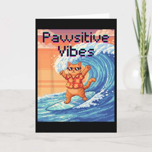 Carte Vibes Positives Chat Surfant - Vague d'Art Pixel (Devant)